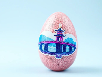 pink glitter egg, tiny diamond garnetts band around egg, blue sapphire band around egg, multiple neon rainbow l.e.d. attachments, and sticker of iconic triple pagoda bridge at west long lake in youngchou china