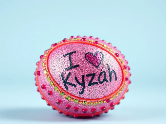 Pink glitter egg encrusted with pink ruby garnets, with spiral bands of garnetts wrapped around in a helix with colors arranged as rainbow stripes, with the words "I ♥️ Kyzah" painted on the egg