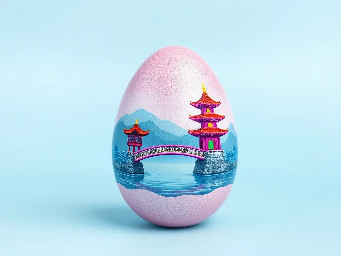 pink glitter egg, tiny diamond garnetts band around egg, blue sapphire band around egg, multiple neon rainbow l.e.d. attachments, and sticker of iconic triple pagoda bridge at west long lake in youngchou china