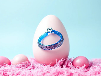 pink glitter egg, tiny diamond garnett, blue ring over pink egg, neon rainbow, and circle stickers
