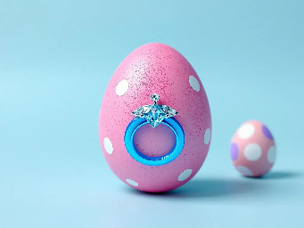 pink glitter egg, tiny diamond garnett, blue ring over pink egg, neon rainbow, and circle stickers