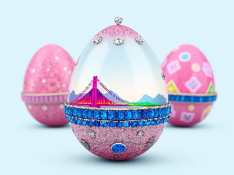 pink glitter egg, tiny diamond garnetts band around egg, blue sapphire band around egg, multiple neon rainbow l.e.d. attachments, and stickers of youngchou china west long lake bridge