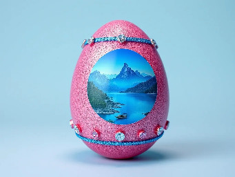 pink glitter egg, tiny diamond garnetts band around egg, blue sapphire band around egg, multiple neon rainbow l.e.d. attachments, and sticker of iconic west long lake in youngchou china