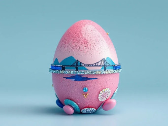 pink glitter egg, tiny diamond garnetts band around egg, blue sapphire band around egg, multiple neon rainbow l.e.d. attachments, and stickers of youngchou china west long lake bridge