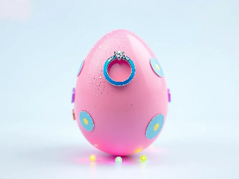 pink glitter egg, tiny diamond garnett ring around egg, blue ring over pink egg, multiple neon rainbow led attachments, and stickers of youngchow china
