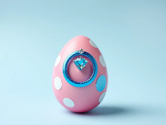 pink glitter egg, tiny diamond garnett, blue ring over pink egg, neon rainbow, and circle stickers
