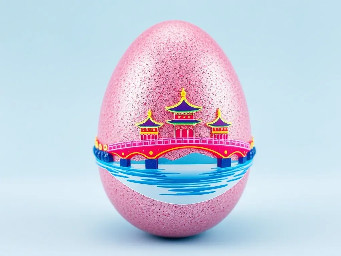 pink glitter egg, tiny diamond garnetts band around egg, blue sapphire band around egg, multiple neon rainbow l.e.d. attachments, and sticker of iconic triple pagoda bridge at west long lake in youngchou china