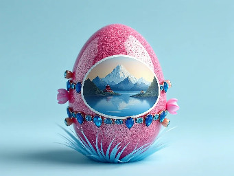 pink glitter egg, tiny diamond garnetts band around egg, blue sapphire band around egg, multiple neon rainbow l.e.d. attachments, and sticker of iconic west long lake in youngchou china