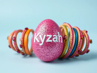 Pink glitter egg encrusted with pink ruby garnets, with spiral bands of garnetts wrapped around in a helix with colors arranged as rainbow stripes, with the name Kyzah painted on the egg