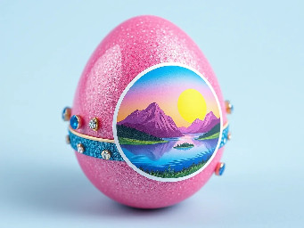 pink glitter egg, tiny diamond garnetts band around egg, blue sapphire band around egg, multiple neon rainbow l.e.d. attachments, and sticker of iconic west long lake in youngchou china