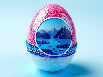 pink glitter egg, tiny diamond garnetts band around egg, blue sapphire band around egg, multiple neon rainbow l.e.d. attachments, and sticker of iconic west long lake in youngchou china
