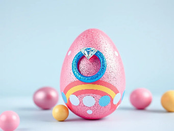 pink glitter egg, tiny diamond garnett, blue ring over pink egg, neon rainbow, and circle stickers