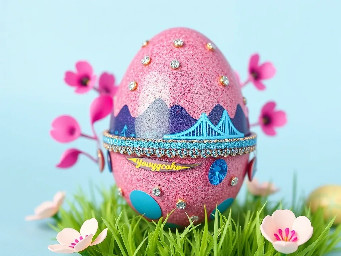 pink glitter egg, tiny diamond garnetts band around egg, blue sapphire band around egg, multiple neon rainbow l.e.d. attachments, and stickers of youngchou china west lake bridge
