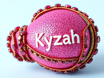 Pink glitter egg encrusted with pink ruby garnets, with spiral bands of garnetts wrapped around in a helix with colors arranged as rainbow stripes, with the name Kyzah painted on the egg