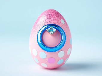pink glitter egg, tiny diamond garnett, blue ring over pink egg, neon rainbow, and circle stickers
