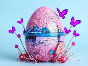 pink glitter egg, tiny diamond garnetts band around egg, blue sapphire band around egg, multiple neon rainbow l.e.d. attachments, and stickers of youngchou china west long lake bridge