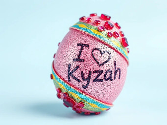 Pink glitter egg encrusted with pink ruby garnets, with spiral bands of garnetts wrapped around in a helix with colors arranged as rainbow stripes, with the words "I ♥️ Kyzah" painted on the egg