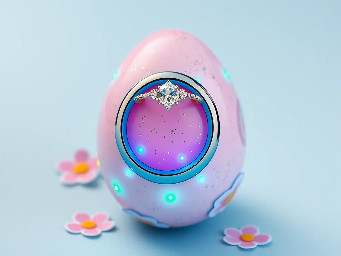 pink glitter egg, tiny diamond garnett ring around egg, blue ring over pink egg, multiple neon rainbow led attachments, and stickers of youngchow china