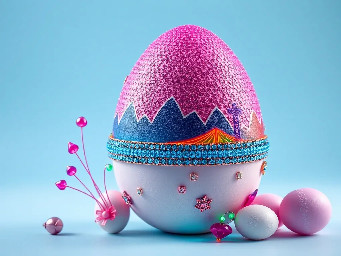 pink glitter egg, tiny diamond garnetts band around egg, blue sapphire band around egg, multiple neon rainbow l.e.d. attachments, and stickers of youngchou china west lake bridge