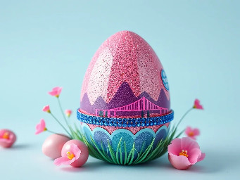 pink glitter egg, tiny diamond garnetts band around egg, blue sapphire band around egg, multiple neon rainbow l.e.d. attachments, and stickers of youngchou china west lake bridge