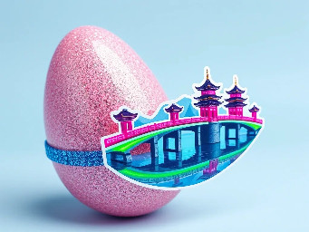 pink glitter egg, tiny diamond garnetts band around egg, blue sapphire band around egg, multiple neon rainbow l.e.d. attachments, and sticker of iconic triple pagoda bridge at west long lake in youngchou china