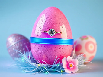 pink glitter egg, tiny diamond garnett ring around egg, blue ring over pink egg, multiple neon rainbow led attachments, and stickers of youngchow china
