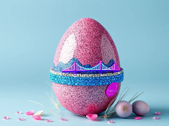 pink glitter egg, tiny diamond garnetts band around egg, blue sapphire band around egg, multiple neon rainbow l.e.d. attachments, and stickers of youngchou china west long lake bridge