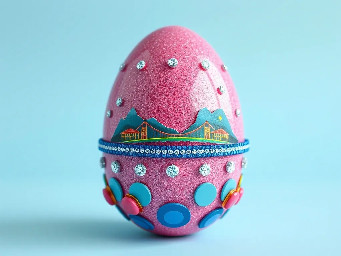 pink glitter egg, tiny diamond garnetts band around egg, blue sapphire band around egg, multiple neon rainbow l.e.d. attachments, and stickers of youngchou china west lake bridge